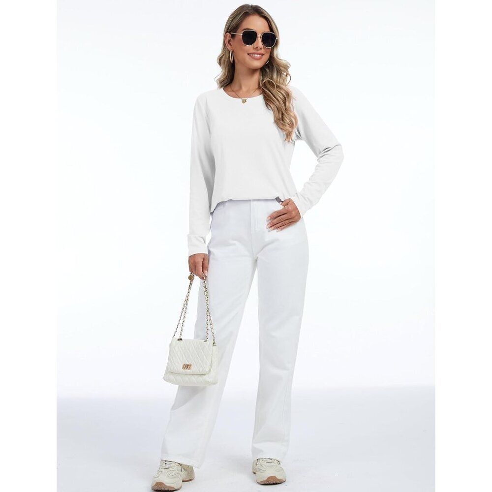 Long Sleeve Shirts Women Loose Fit Crewneck Side Split Curved Hem Casual Tops - Picture 7 of 7
